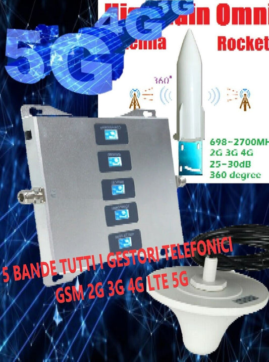 KIT 5 BAND AMPLIFICATORE B 20/1/3/7/8 RIPETITORE SEGNALE CELLULARE GSM 3G 4G 5G