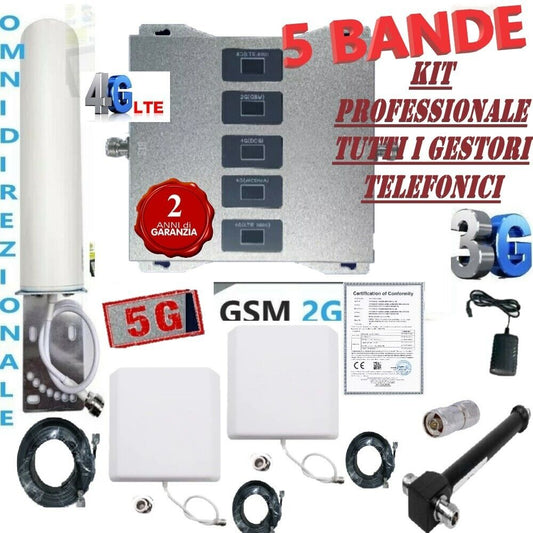Kit AMPLIFICATORE RIPETITORE BOOSTER PROFESSIONALE 5 IN 1 CELLULARE GSM 3G 4G 5G